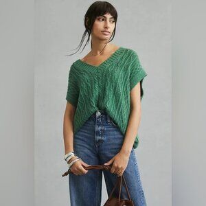 BY ANTHROPOLOGIE OVERSIZED CABLE-KNIT SWEATER VEST IN GREEN